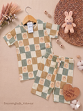 Beige Green Checkered Smile Unisex Co-ord Shorts Set