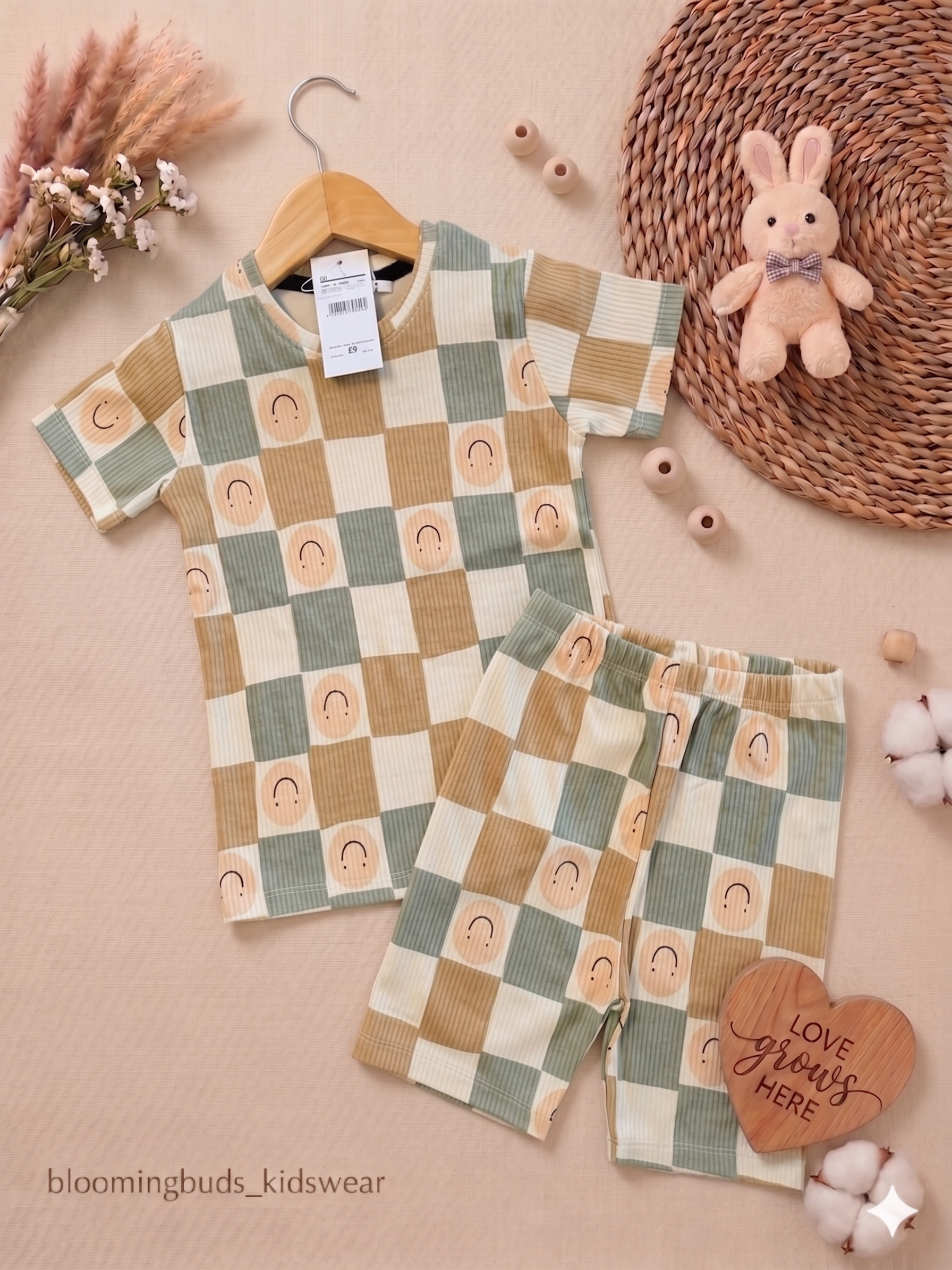 Beige Green Checkered Smile Unisex Co-ord Shorts Set