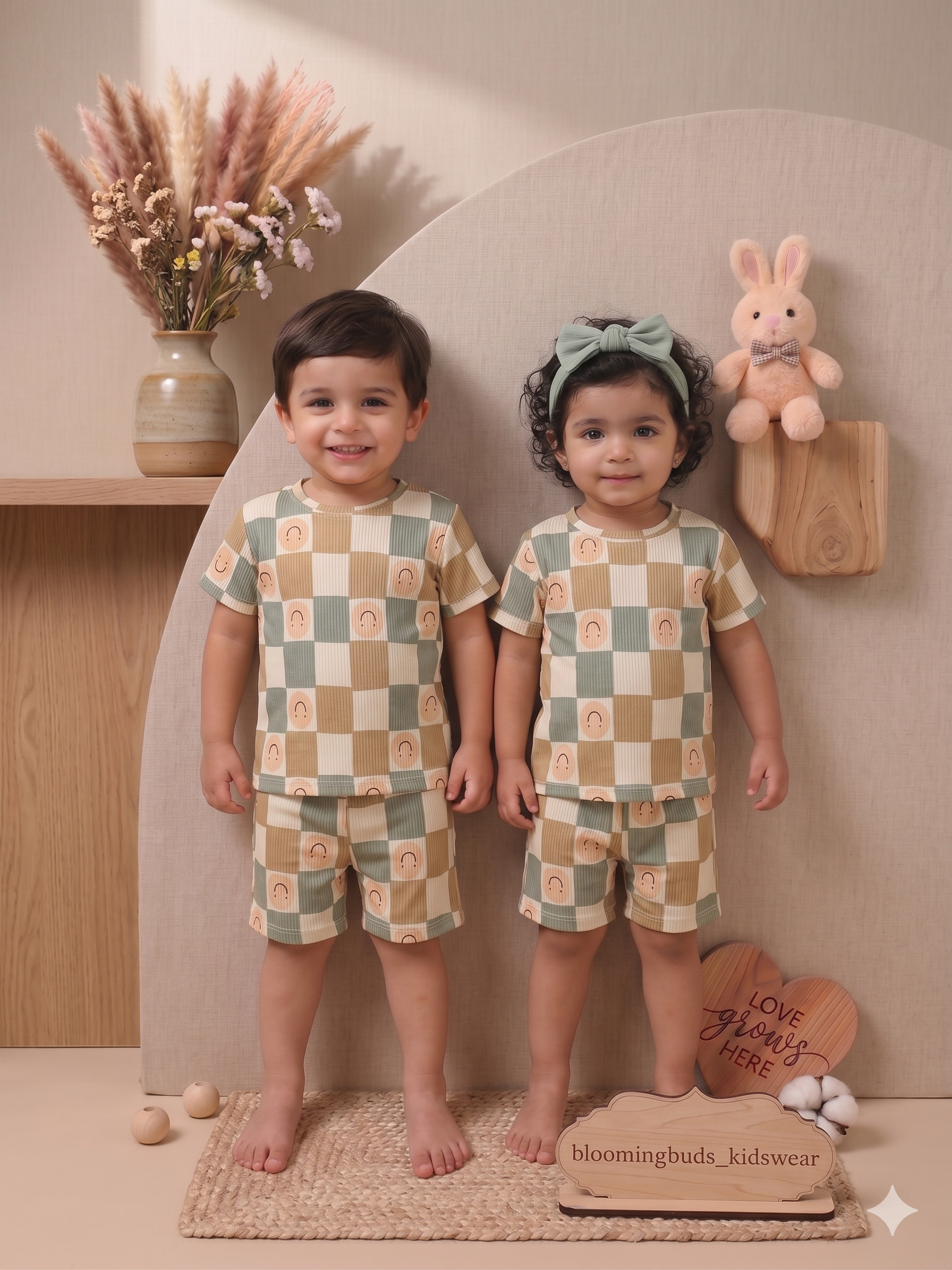 Beige Green Checkered Smile Unisex Co-ord Shorts Set