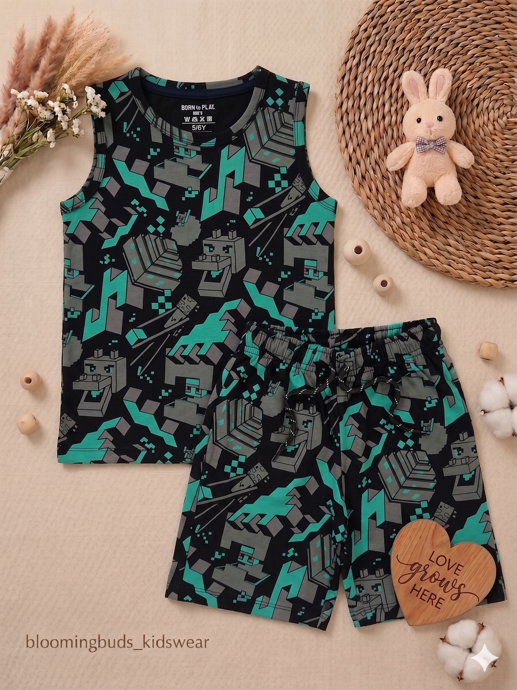 Black Kids Sleeveless Minecraft Pixel Print Co-ord Shorts Set with Adjustable Rope