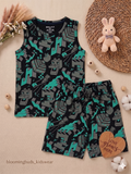 Black Kids Sleeveless Minecraft Pixel Print Co-ord Shorts Set with Adjustable Rope