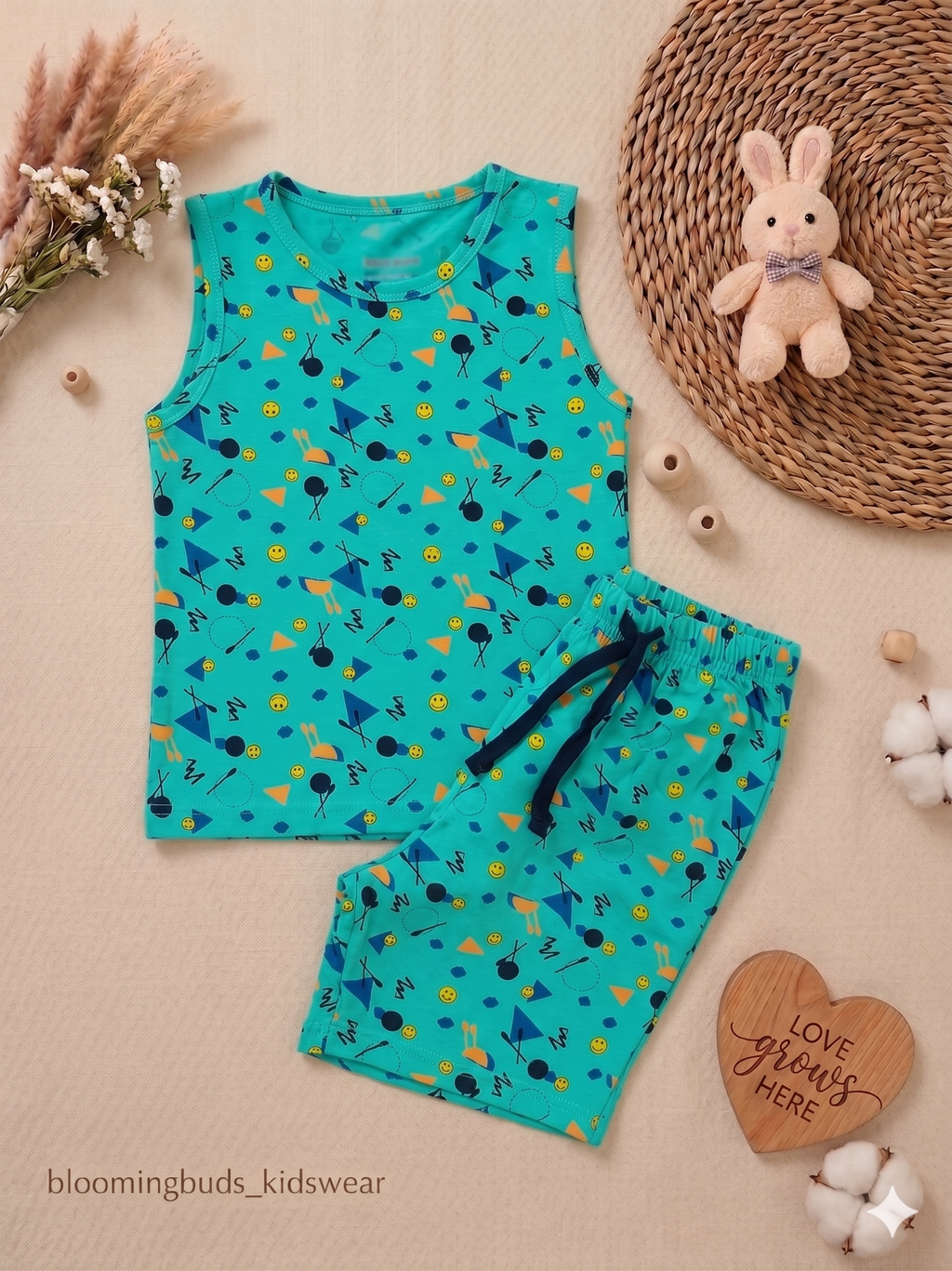 Boys Sleeveless Caribbean Green Geometric Print Co-ord Shorts Set with Adjustable Rope