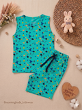 Boys Sleeveless Caribbean Green Geometric Print Co-ord Shorts Set with Adjustable Rope