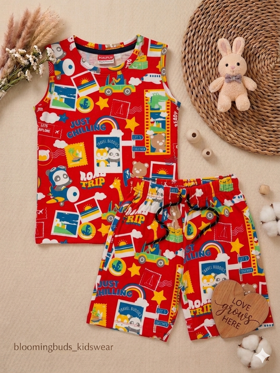 Kids Sleeveless Red Road Trip Print Co-ord Shorts Set