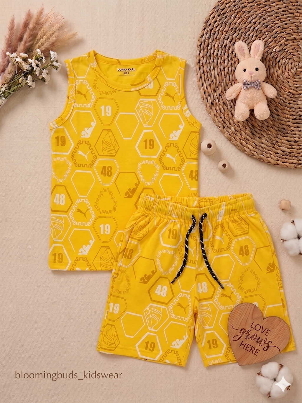 Boys Sleeveless Yellow Honeycomb Print Co-ord Shorts Set with Adjustable Rope