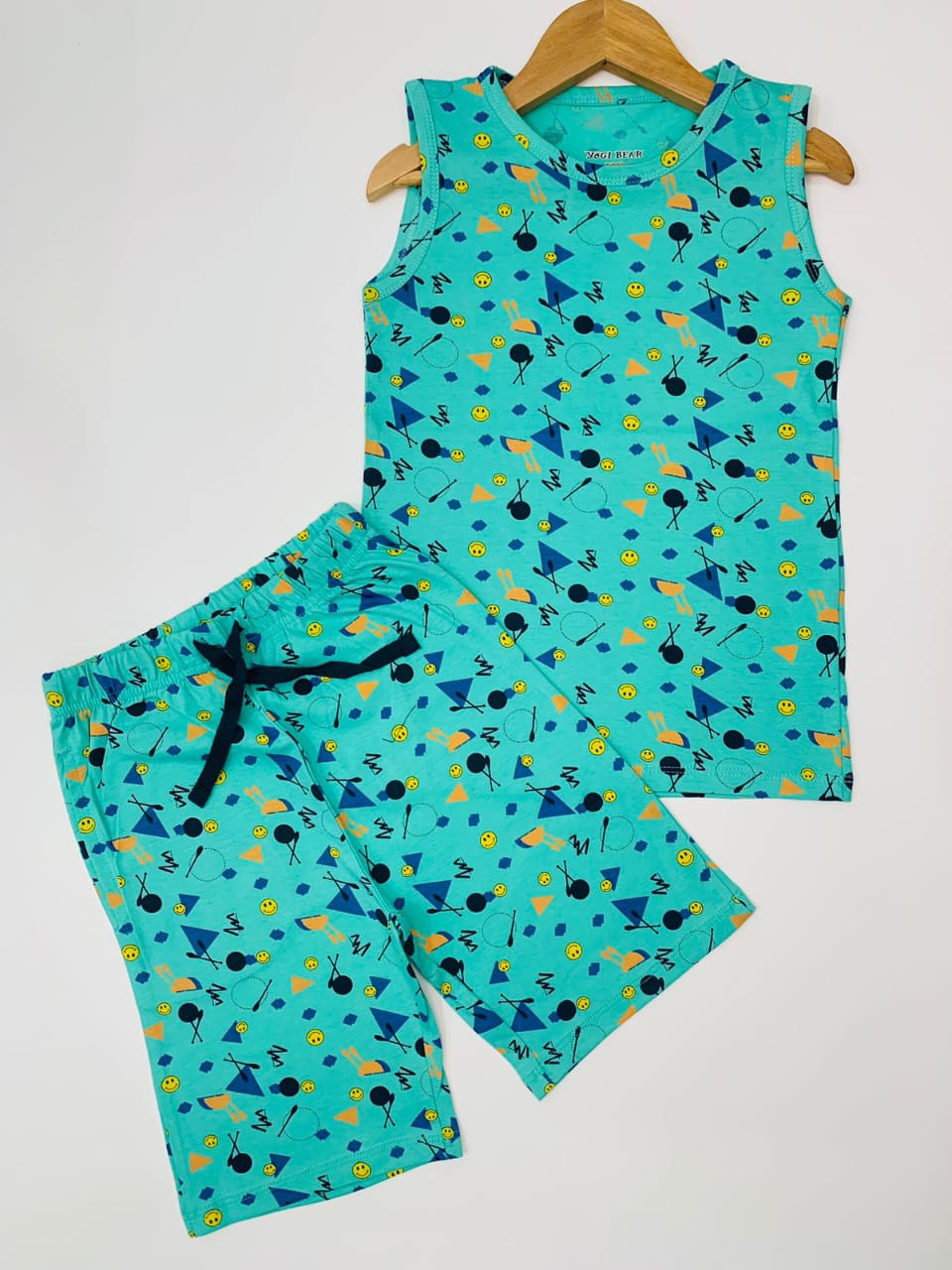 Boys Sleeveless Caribbean Green Geometric Print Co-ord Shorts Set with Adjustable Rope