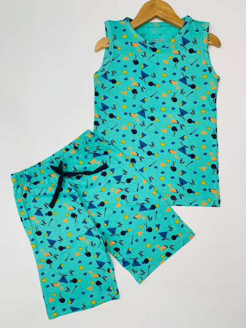 Boys Sleeveless Caribbean Green Geometric Print Co-ord Shorts Set with Adjustable Rope