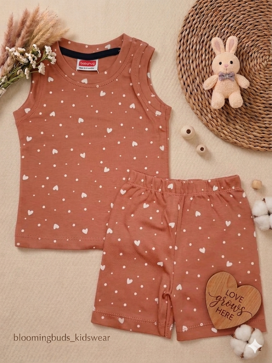 Brown Heart Dot Print Unisex Sleeveless Co-ord Shorts Set