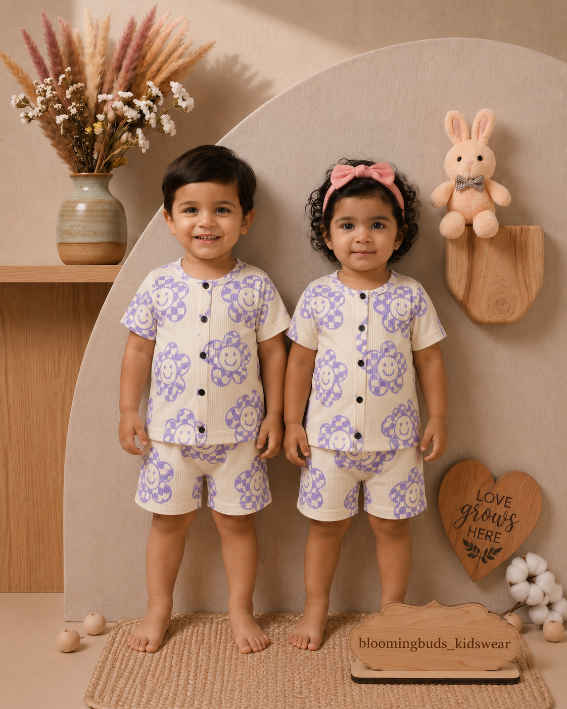 Purple Smiley Flower Unisex Co-ord Shorts Set