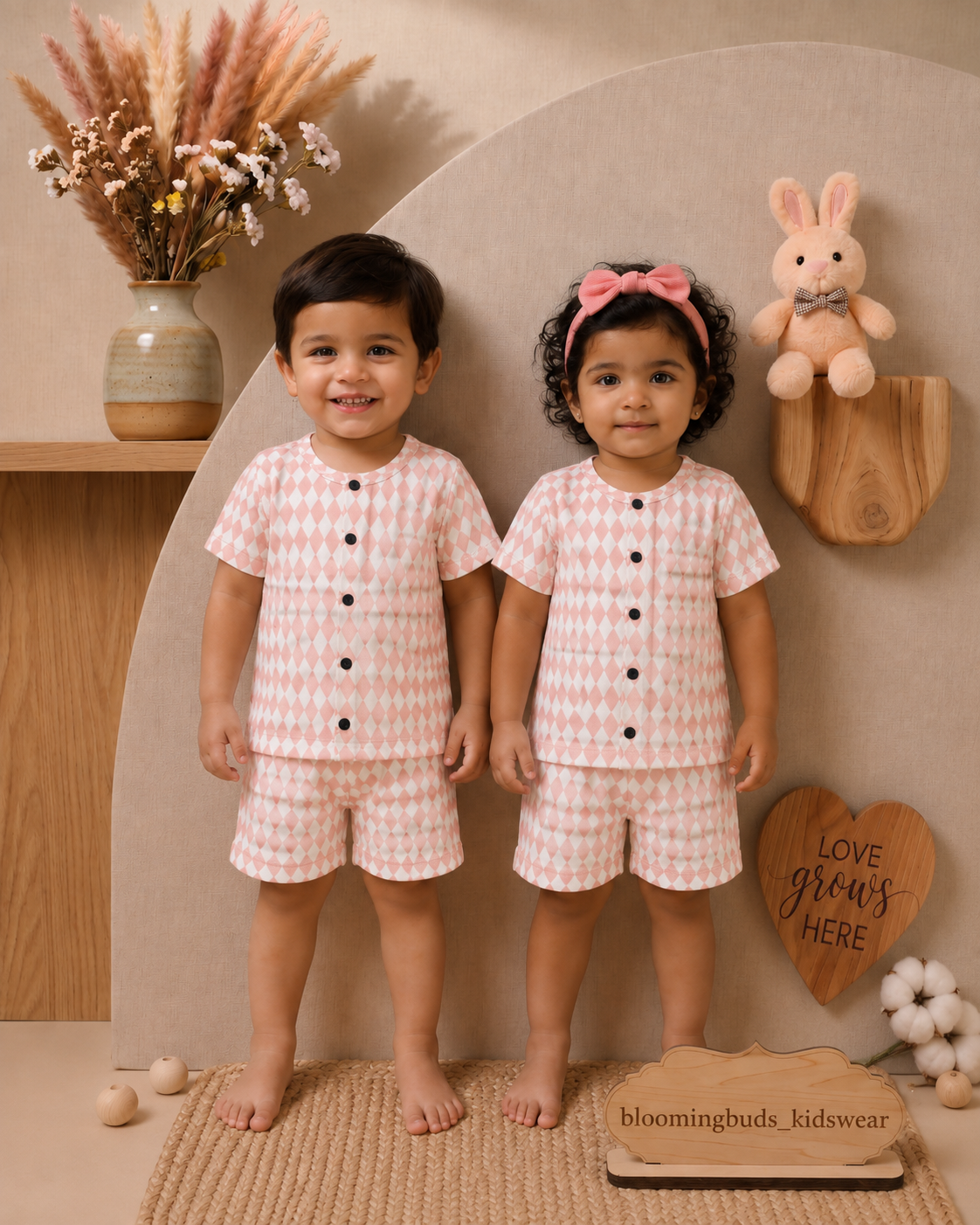 Pastel Peachy Checks Unisex Co-ord Shorts Set