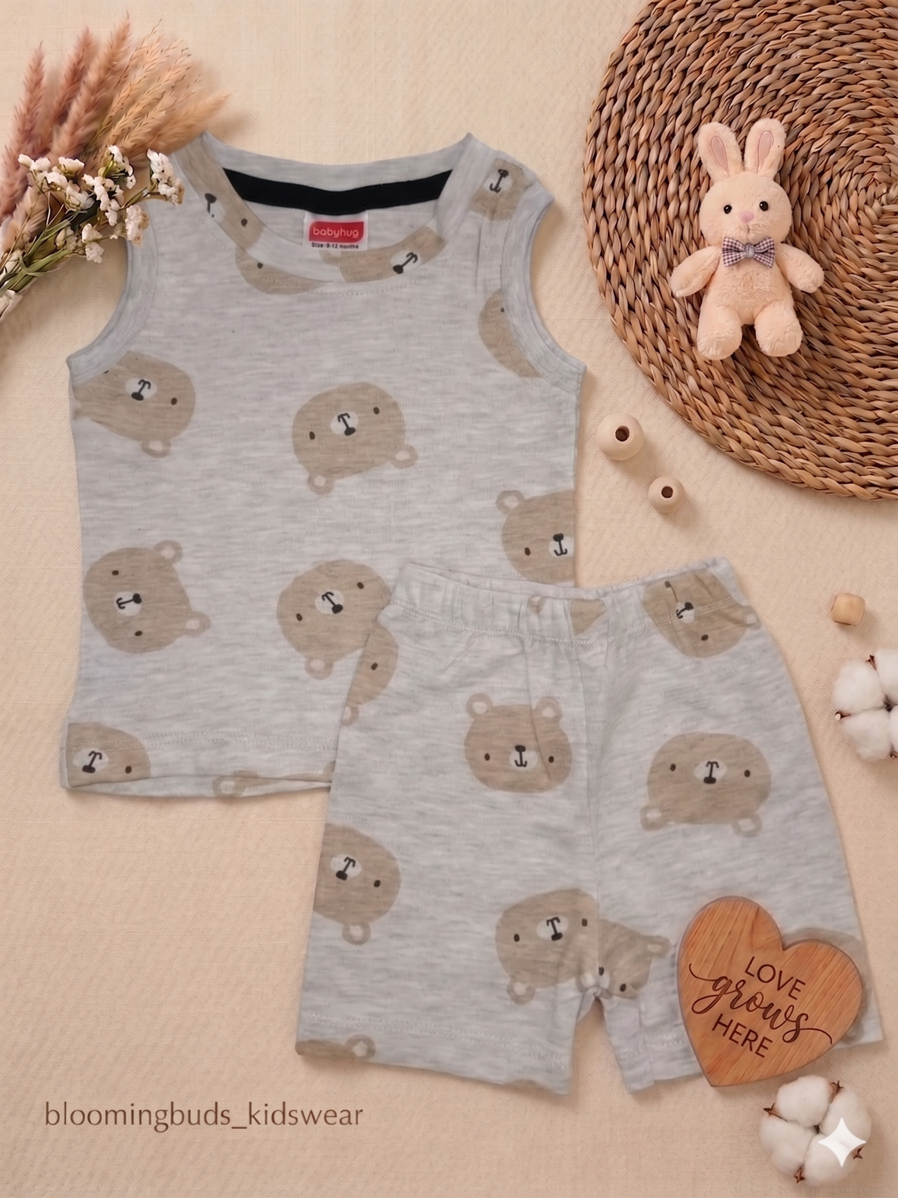 Cream Bear Print Unisex Sleeveless Co-ord Shorts Set