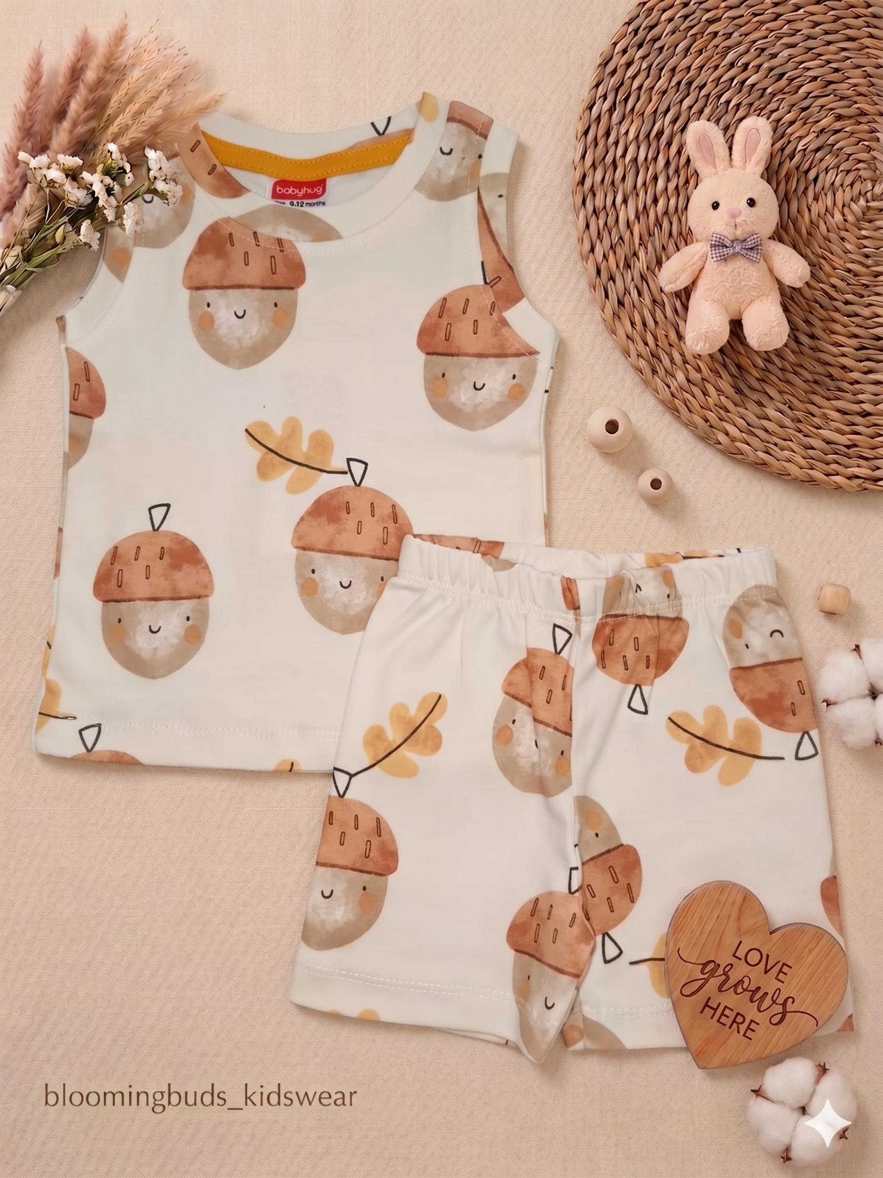 Creamy Acorn Print Unisex Sleeveless Co-ord Shorts Set