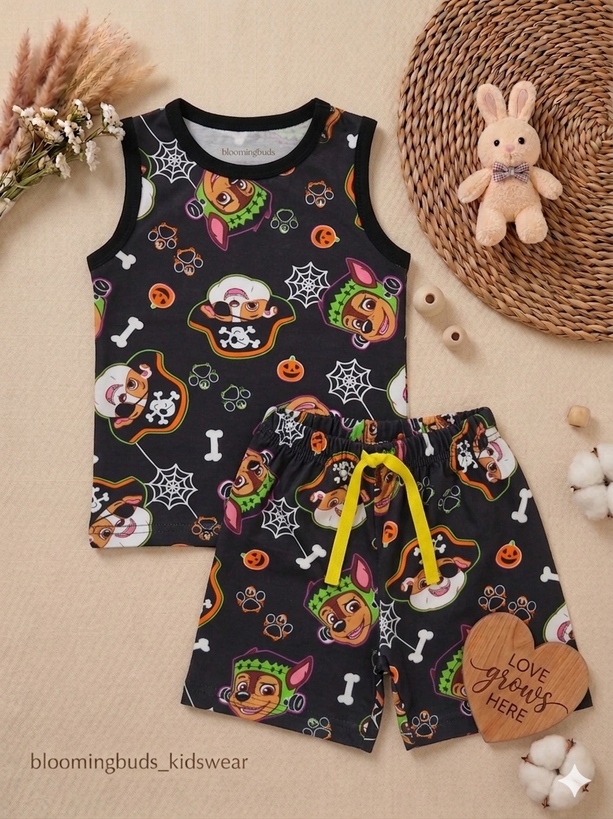 Black Paw Patrol Halloween Print Unisex Sleeveless Cord Set with Adjustable Rope