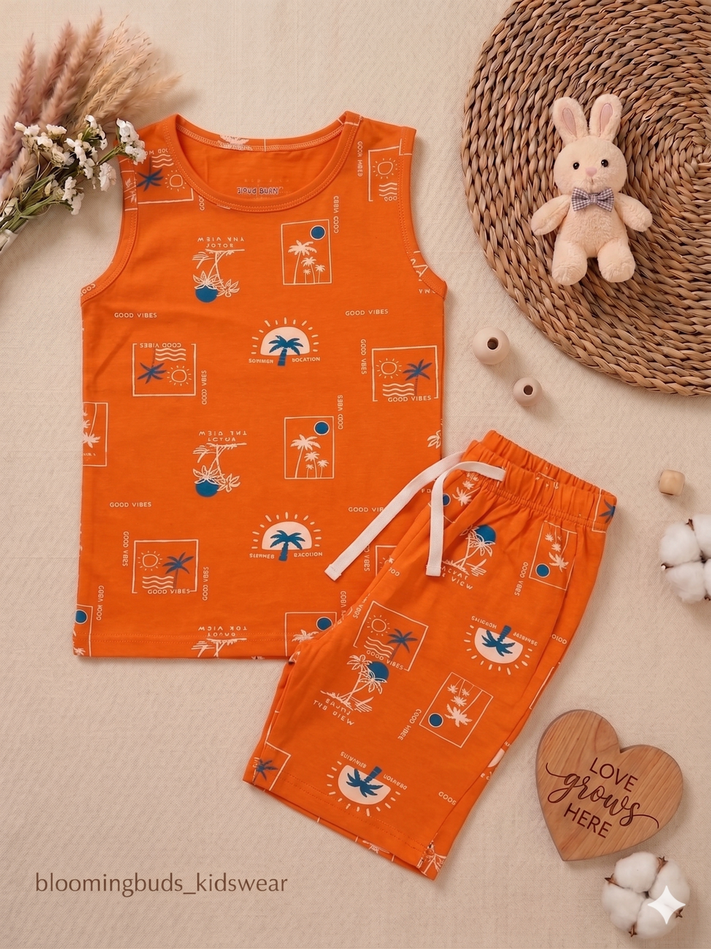 Kids Sleeveless Co-ord Shorts Set – Good Vibes Vacation Print