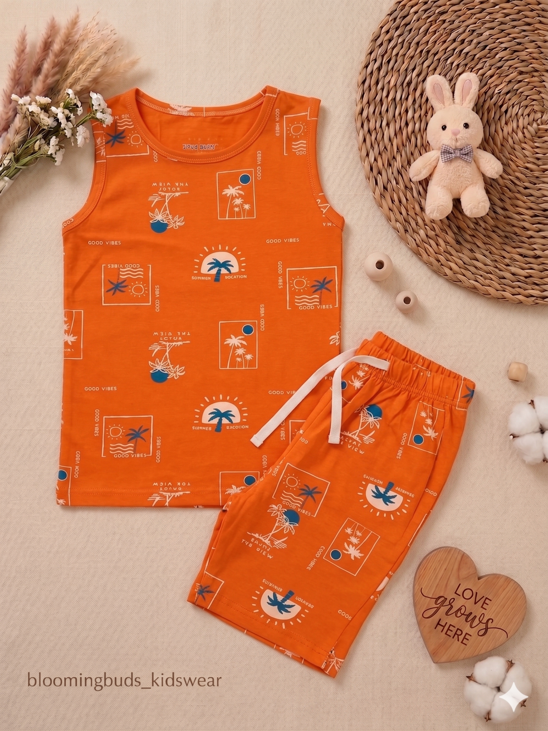 Kids Sleeveless Co-ord Shorts Set – Good Vibes Vacation Print