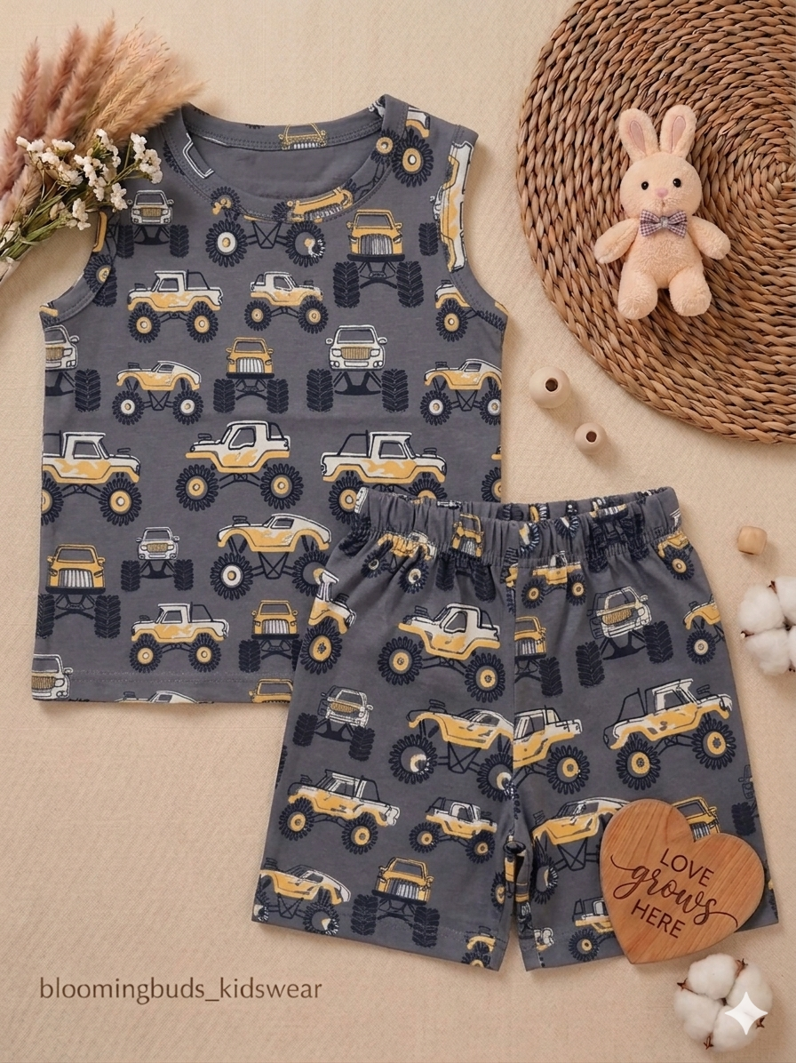 Ash Monster Truck Print Unisex Sleeveless Co-ord Set with Adjustable Rope