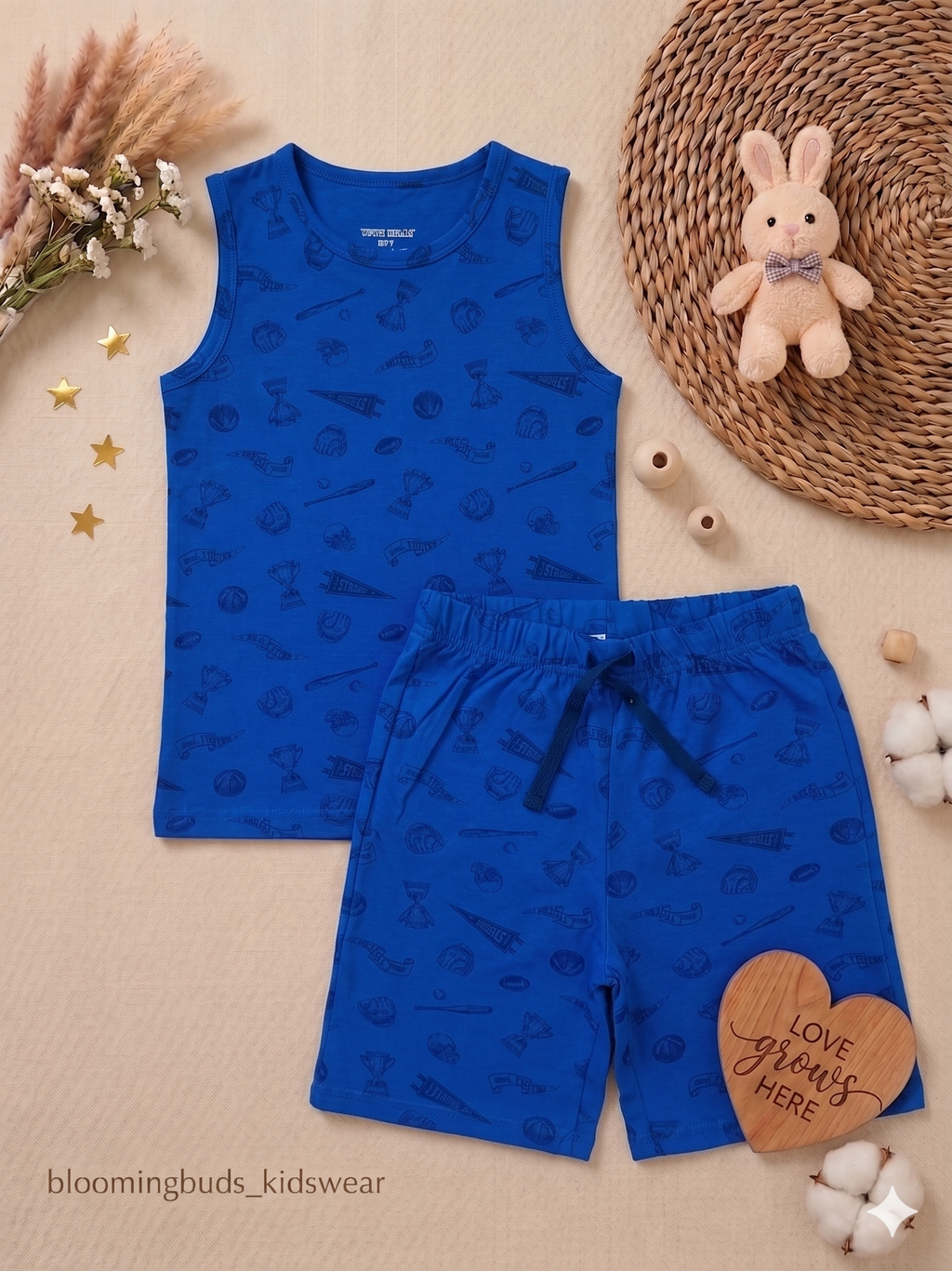 Kids Sleeveless Co-ord Shorts Set – Royal Blue Sports Tonal Print