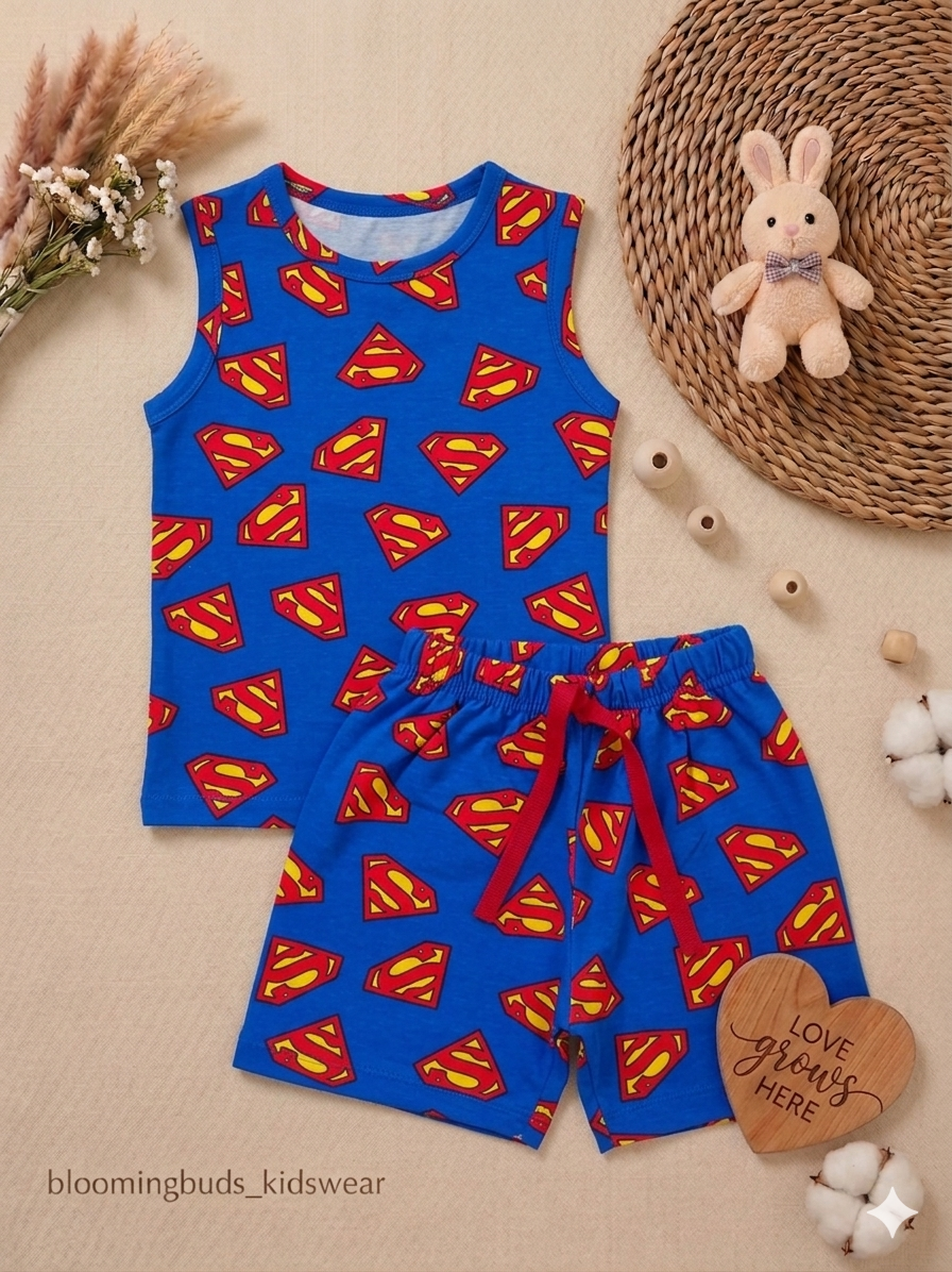 Superman Print Unisex Sleeveless Co-ord Set with Adjustable Rope