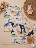 White Dino World Print Unisex Sleeveless Co-ord Set with Adjustable Rope