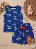 Kids Sleeveless Co-ord Set – Blue Dino Surf Print with Adjustable Rope