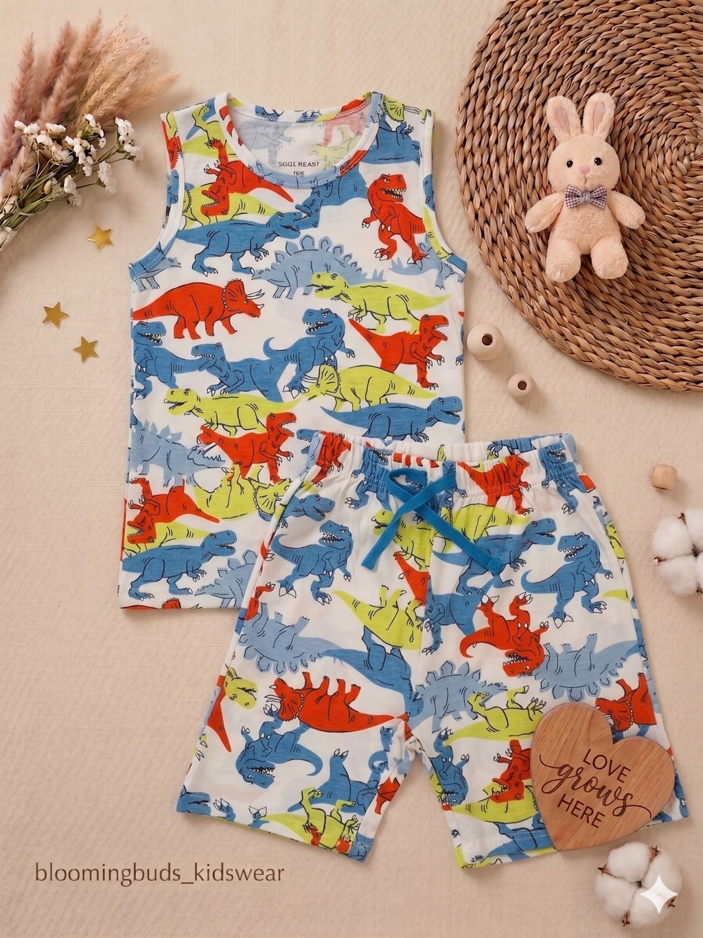 Kids Sleeveless Co-ord Shorts Set – Dino Roar Print