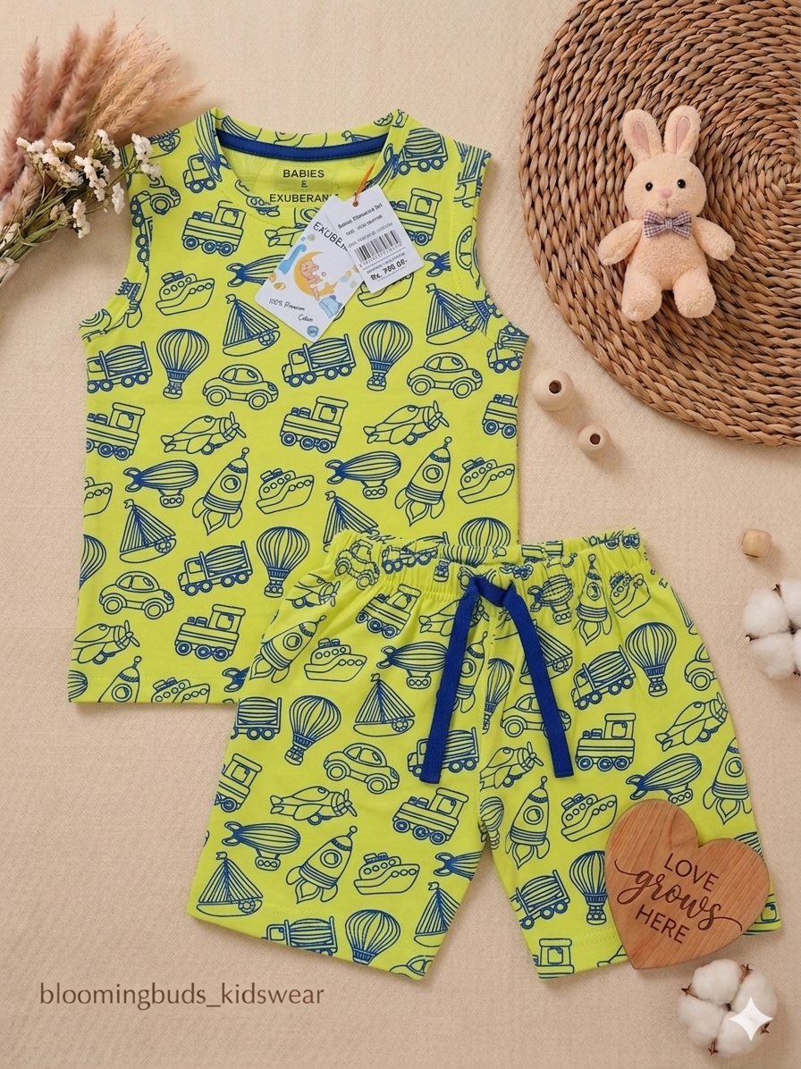 Green Transport World Print Unisex Sleeveless Co-ord Set with Adjustable Rope