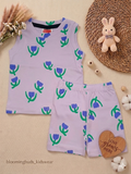 Lavender Tulip Print Unisex Sleeveless Co-ord Shorts Set