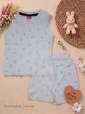 Light Blue Teddy Print Unisex Sleeveless Co-ord Shorts Set