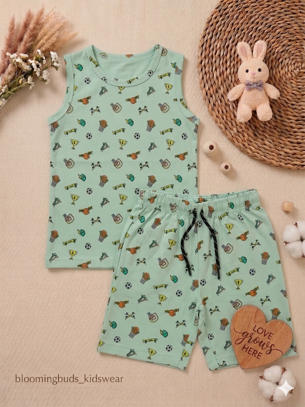 Mint Green Sports Print Kids Sleeveless Co-ord Shorts Set