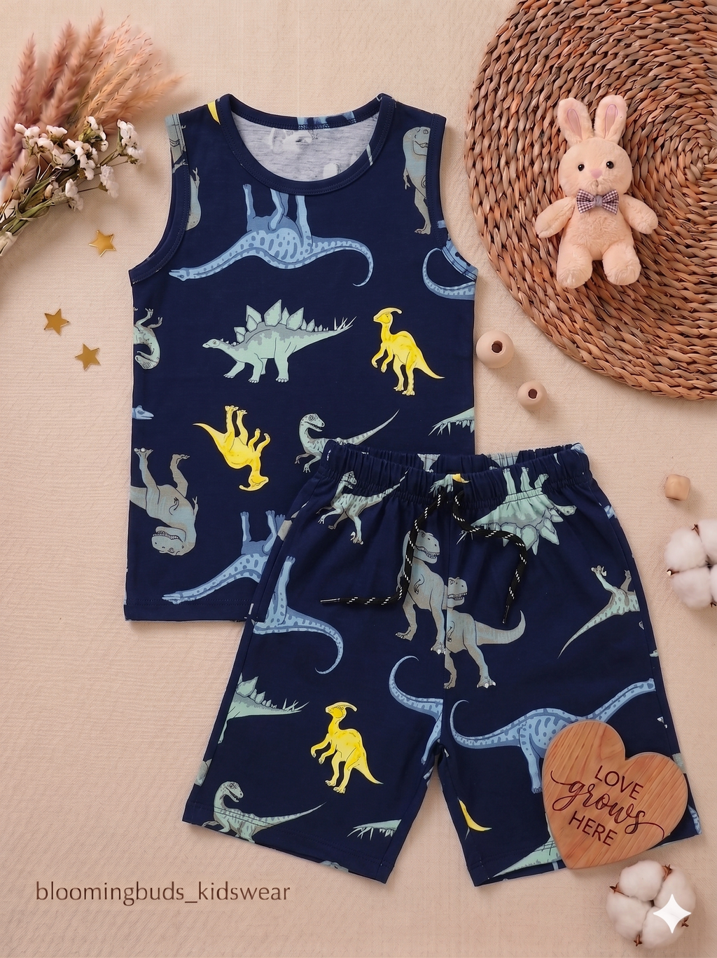 Navy Blue Dinosaur Print Kids Sleeveless Co-ord Shorts Set