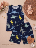 Navy Blue Dinosaur Print Kids Sleeveless Co-ord Shorts Set