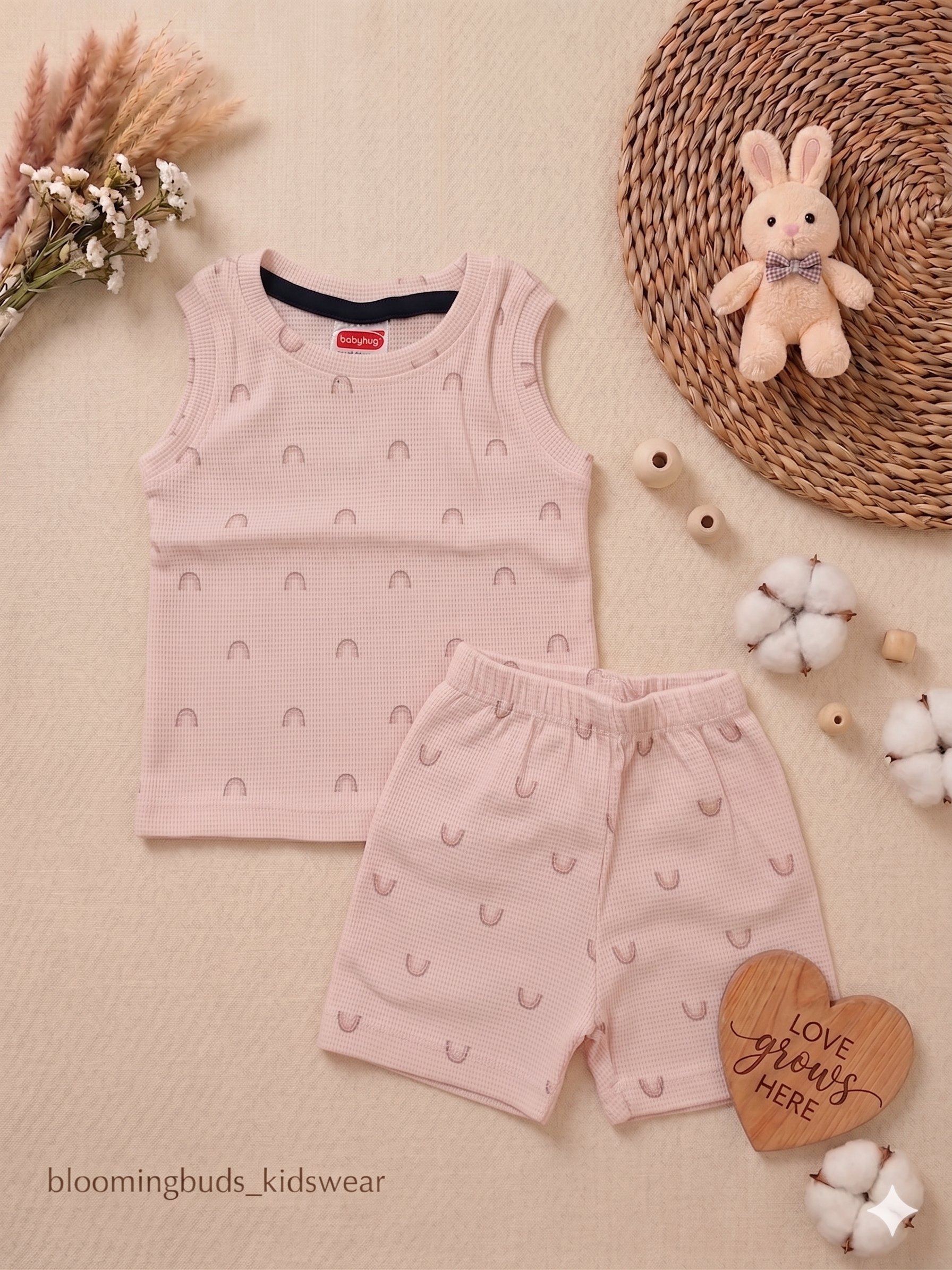 Pastel Pink Rainbow Print Unisex Sleeveless Co-ord Shorts Set
