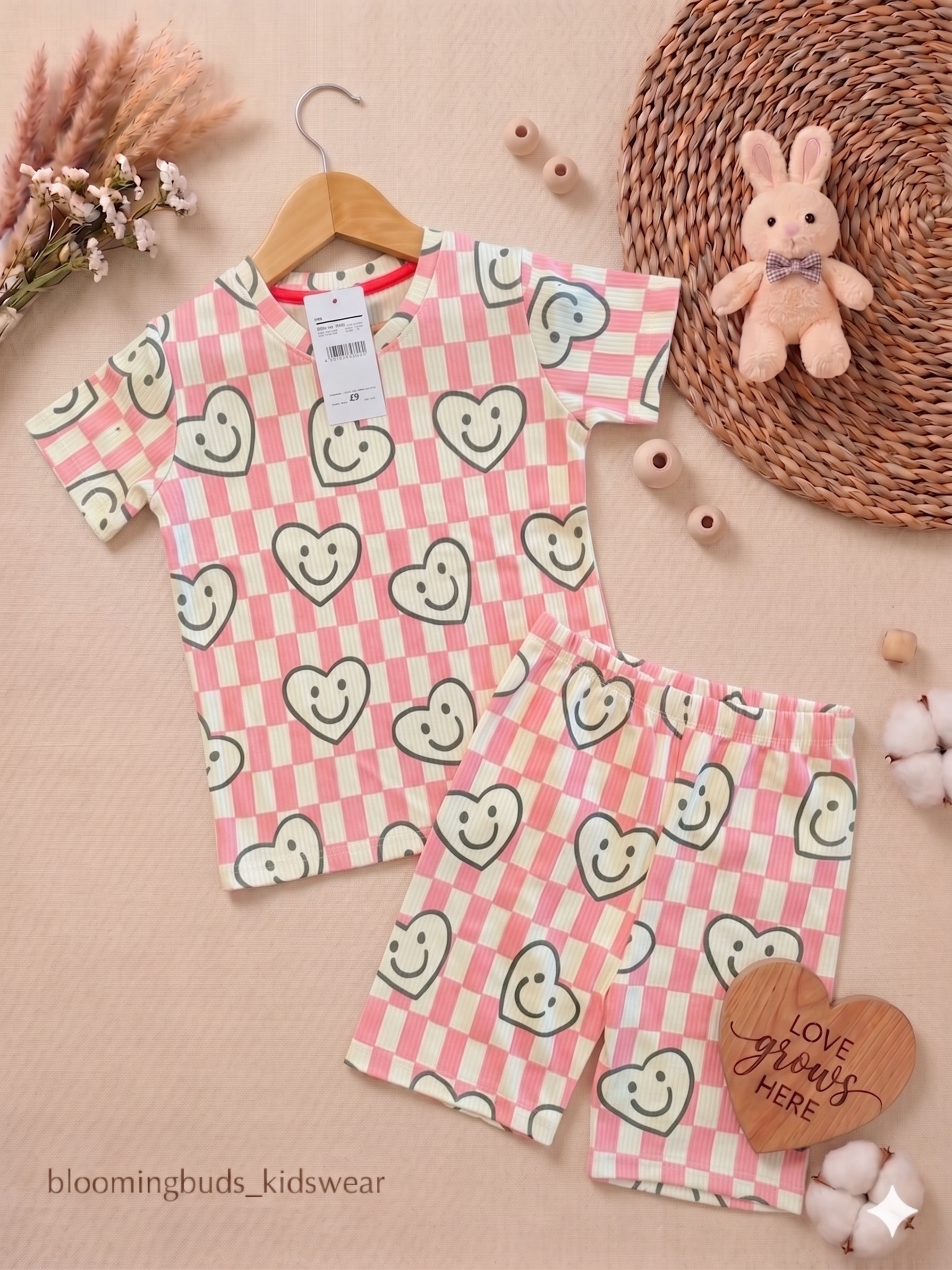Pink Checked Hearts Unisex Co-ord Shorts Set