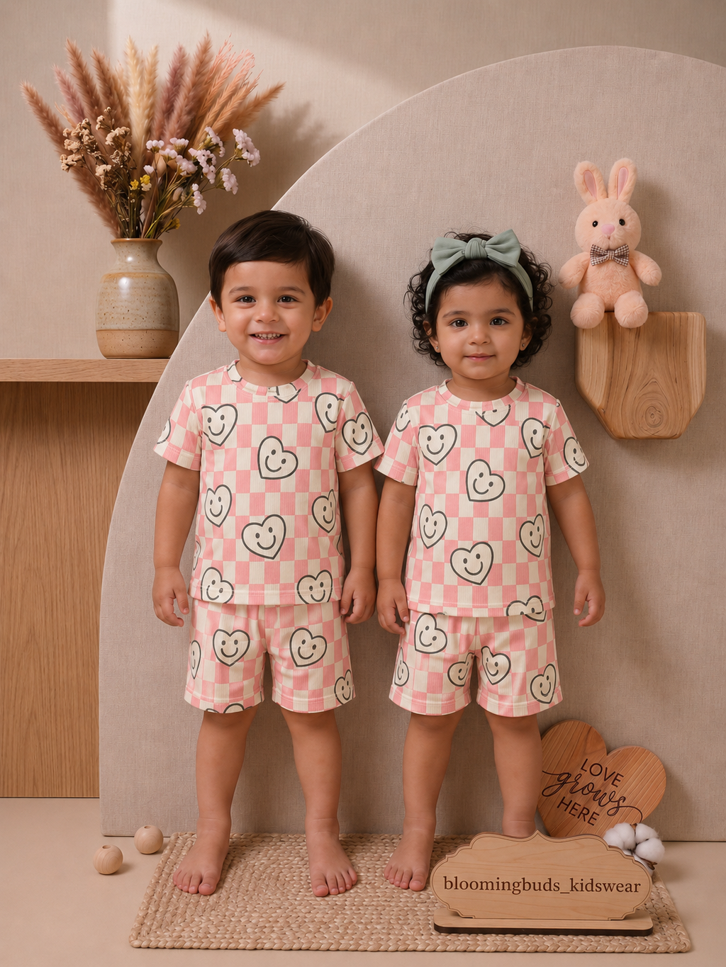 Pink Checked Hearts Unisex Co-ord Shorts Set