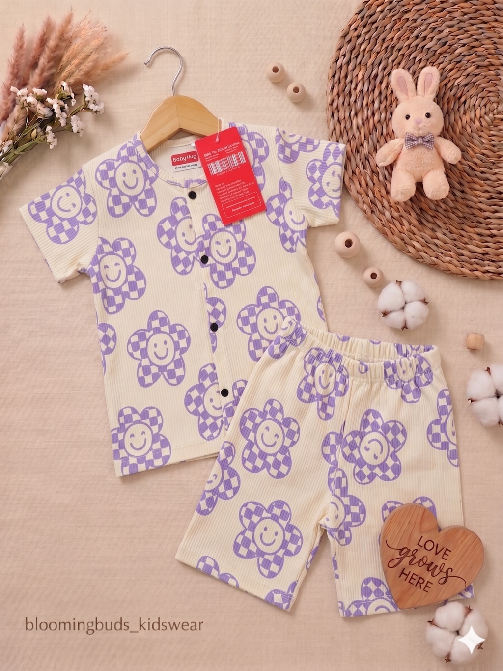 Purple Smiley Flower Unisex Co-ord Shorts Set