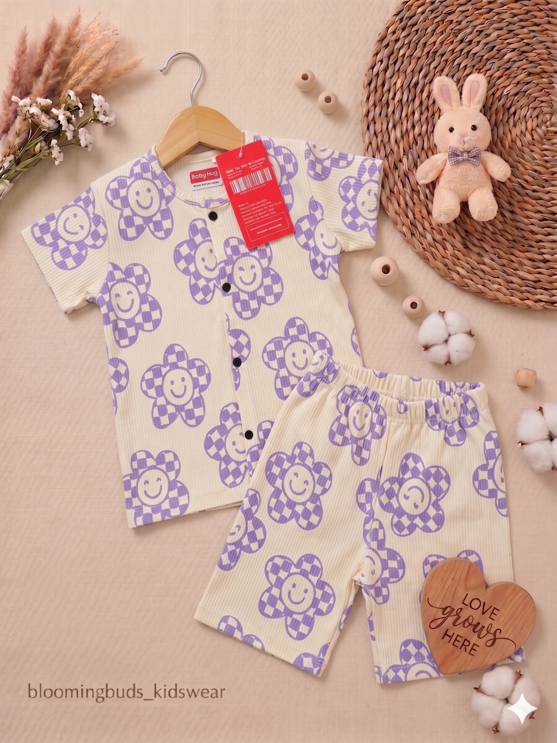 Purple Smiley Flower Unisex Co-ord Shorts Set