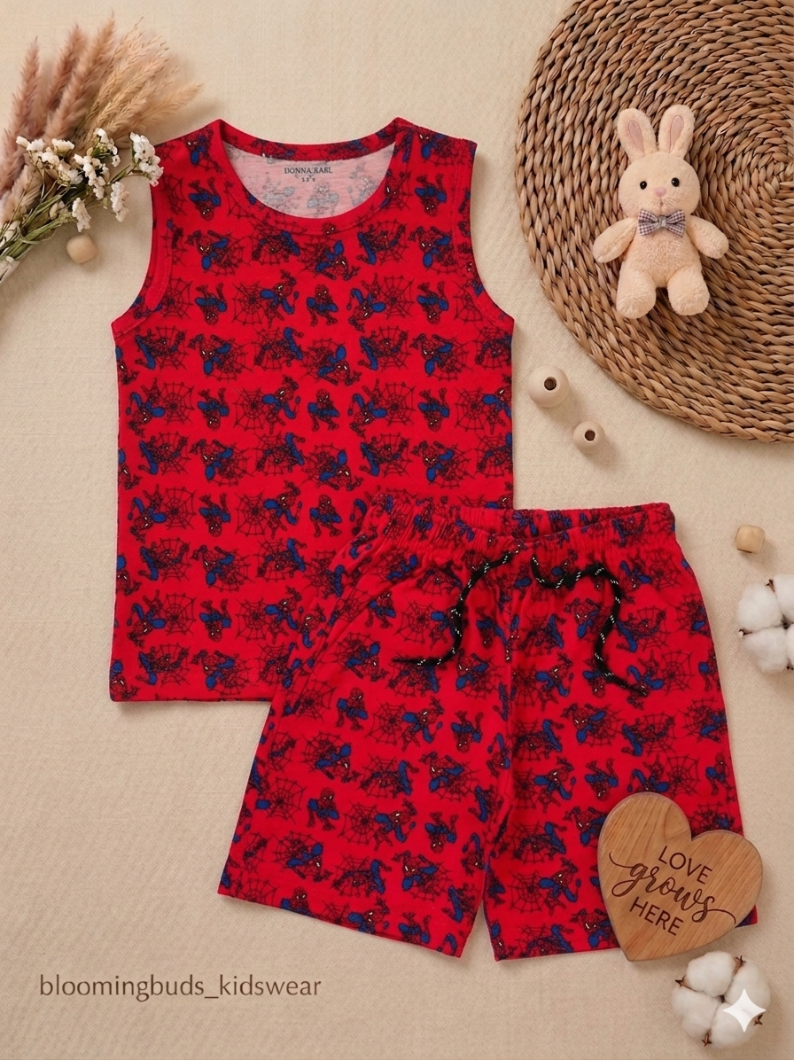 Red Spiderman Print Kids Sleeveless Co-ord Shorts Set
