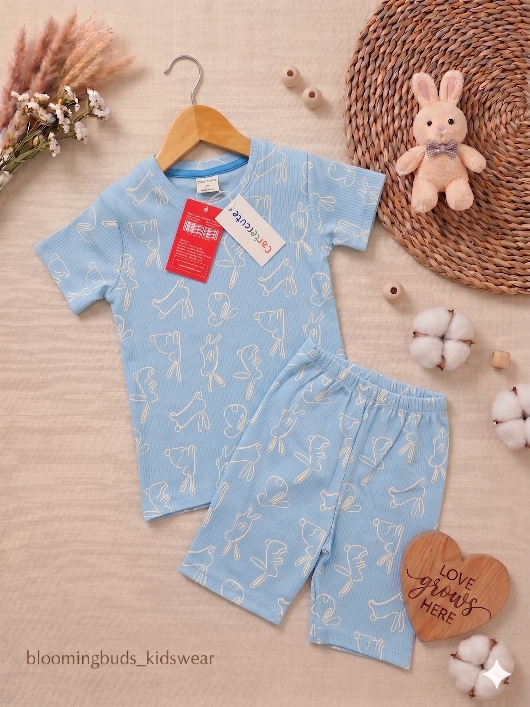 Sky Blue Bunny Sketch Unisex Co-ord Shorts Set