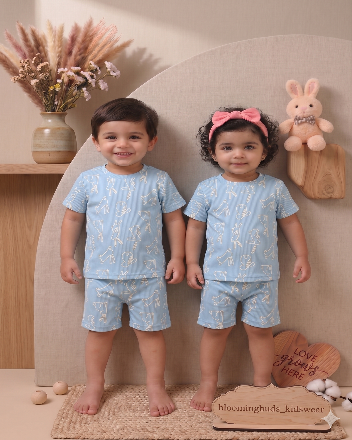 Sky Blue Bunny Sketch Unisex Co-ord Shorts Set