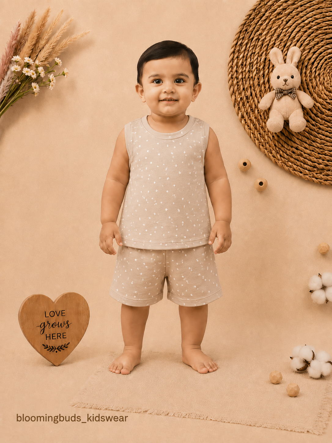 Unisex Ditsy Dot Print Sleeveless Shorts Set - Beige