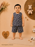 Unisex Ditsy Floral Print Sleeveless Shorts Set - Black