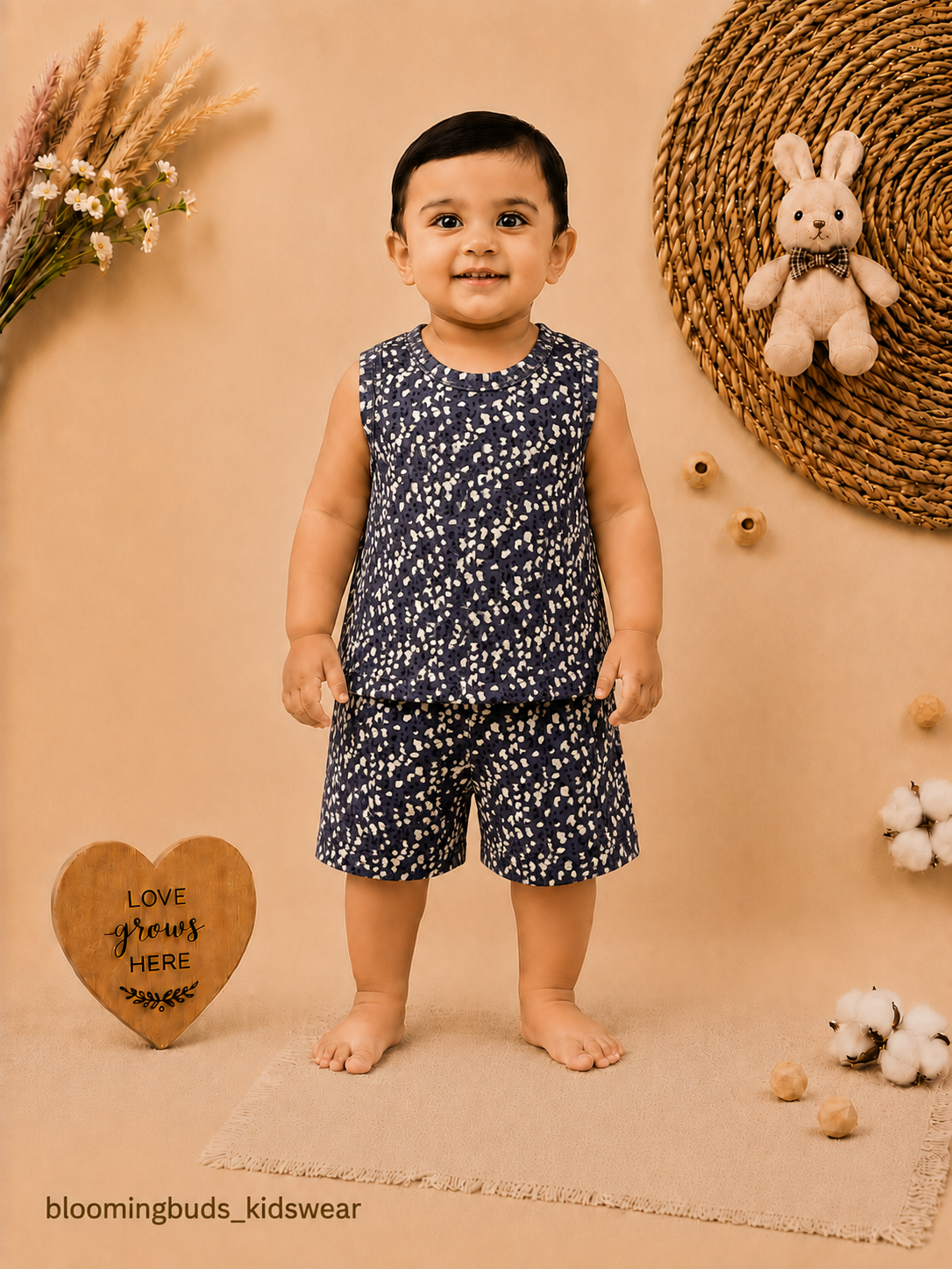 Unisex Ditsy Floral Print Sleeveless Shorts Set - Black