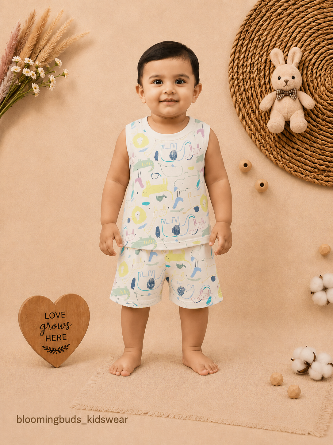 Unisex Doodle Elephant Print Sleeveless Shorts Set
