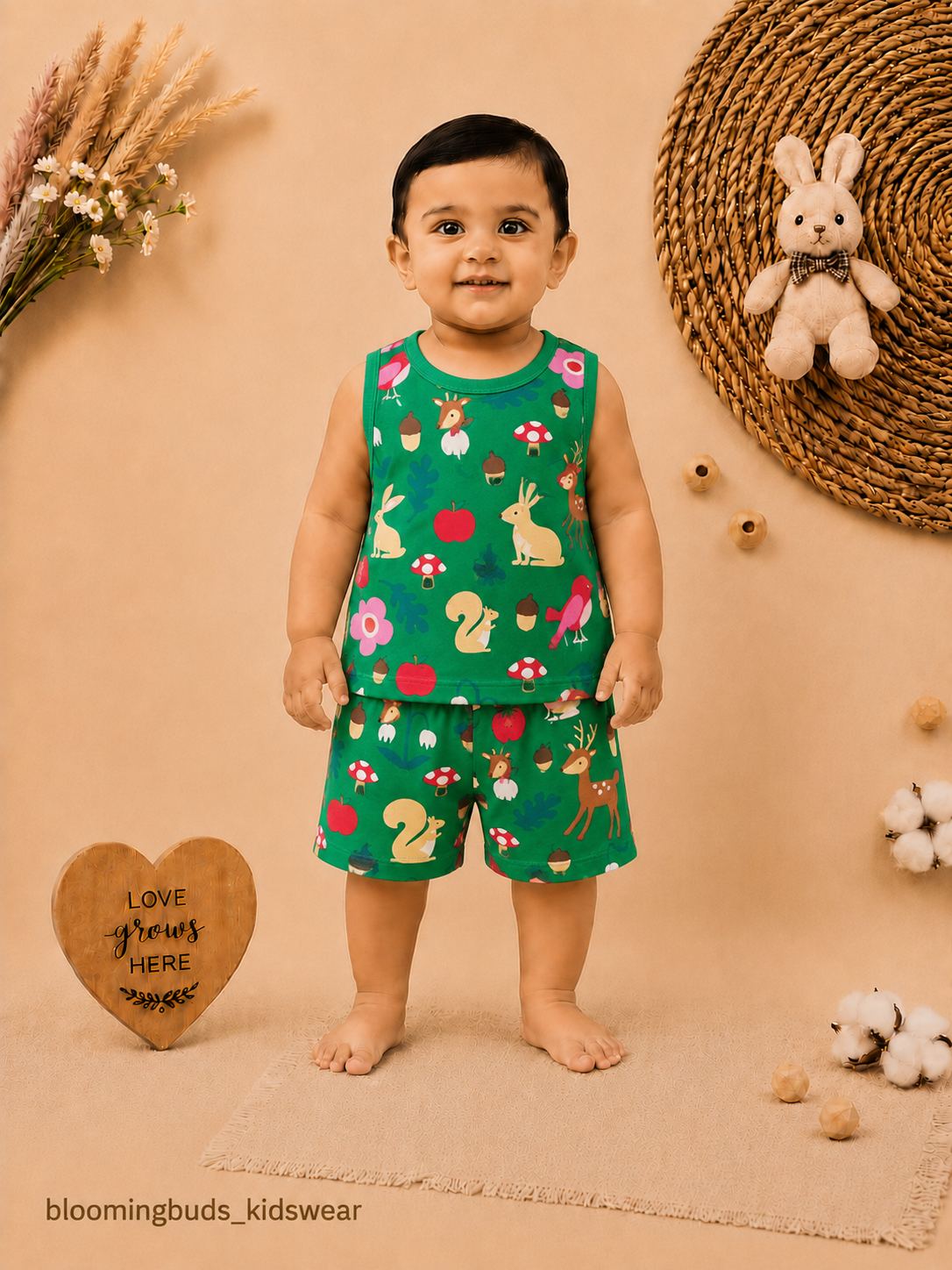 Unisex Forest Friends Print Sleeveless Shorts Set
