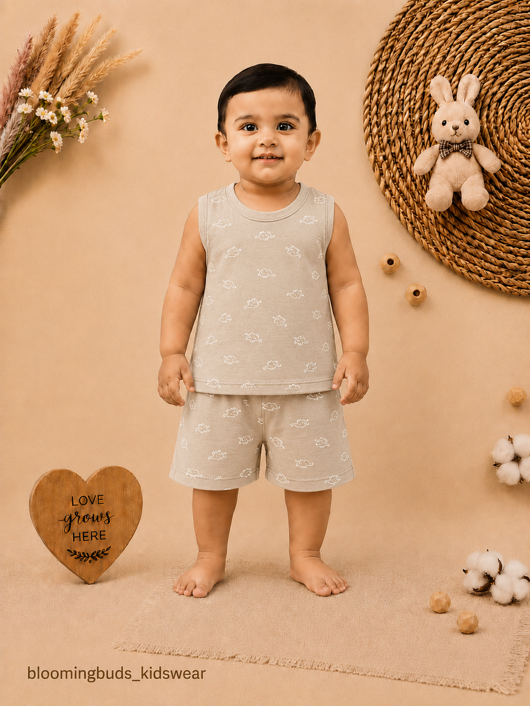 Unisex Hedgehog Print Sleeveless Shorts Set - Sage Green