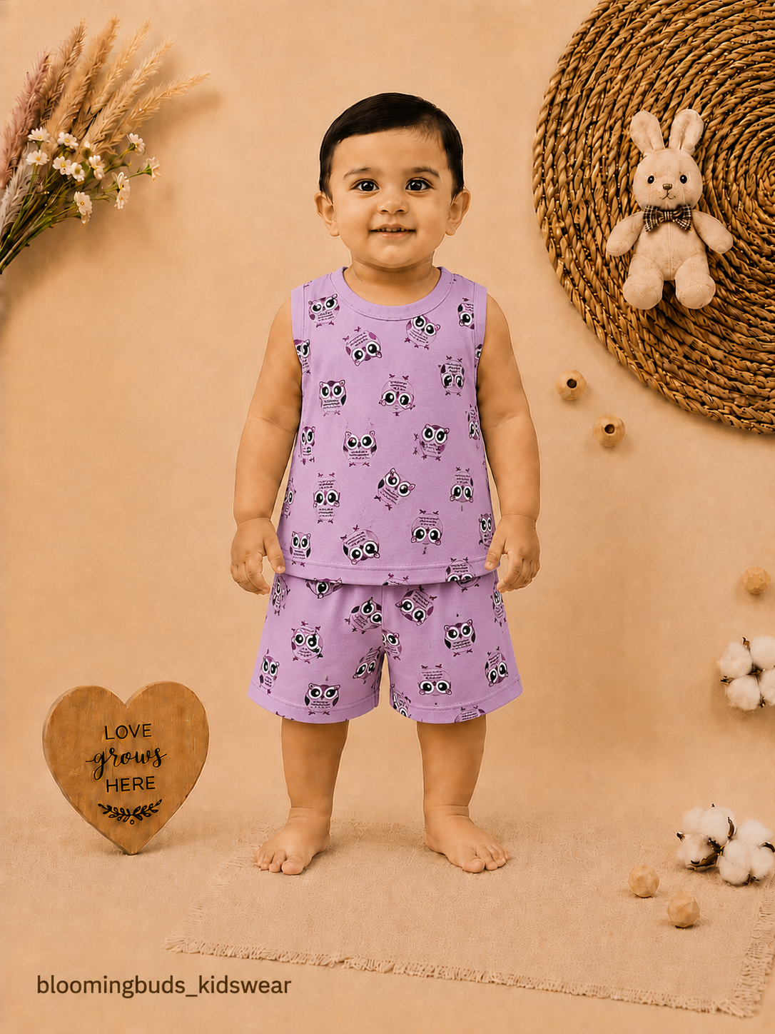 Unisex Owl Print Sleeveless Shorts Set
