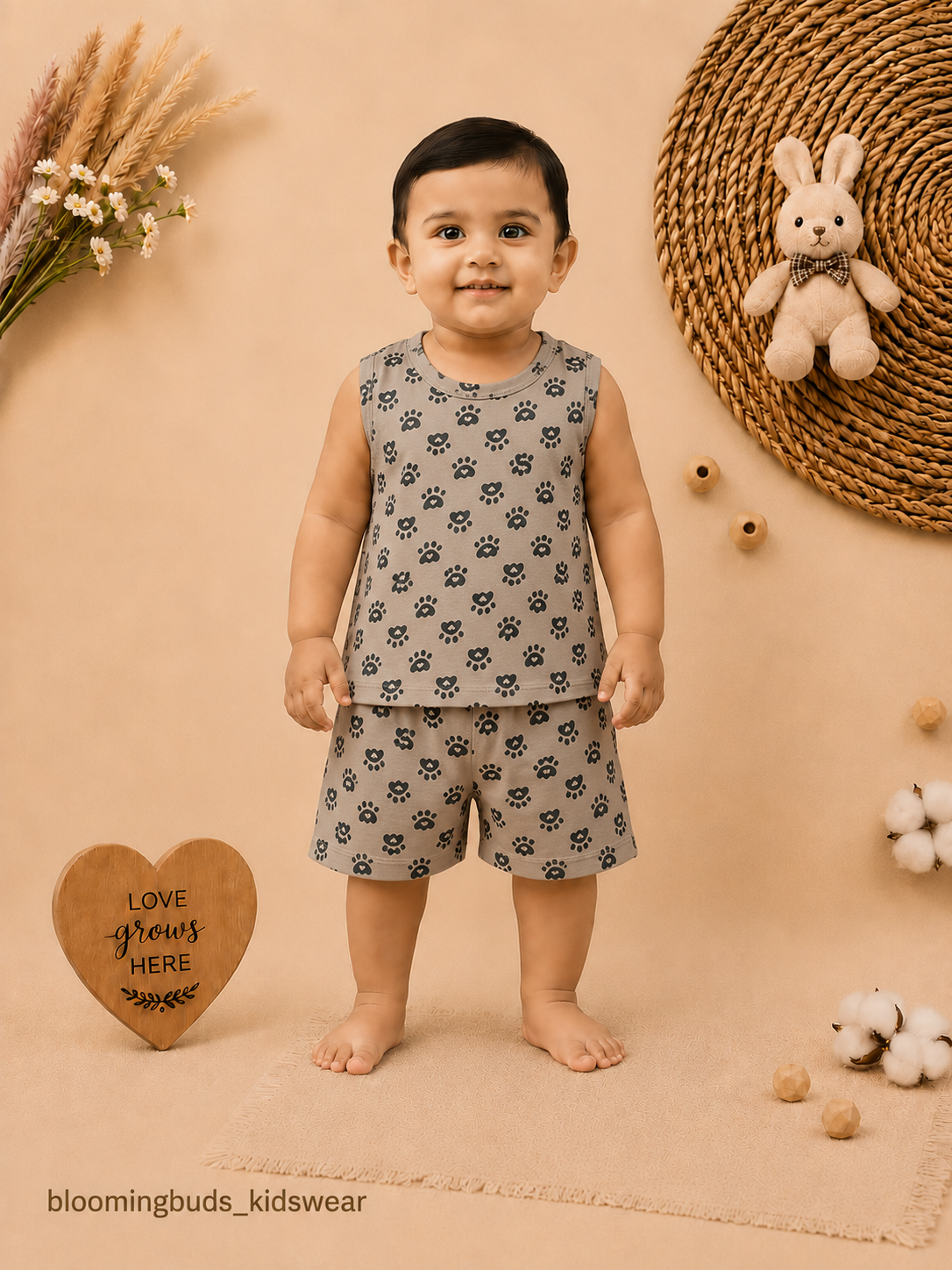 Unisex Paw Print Sleeveless Shorts Set - Grey