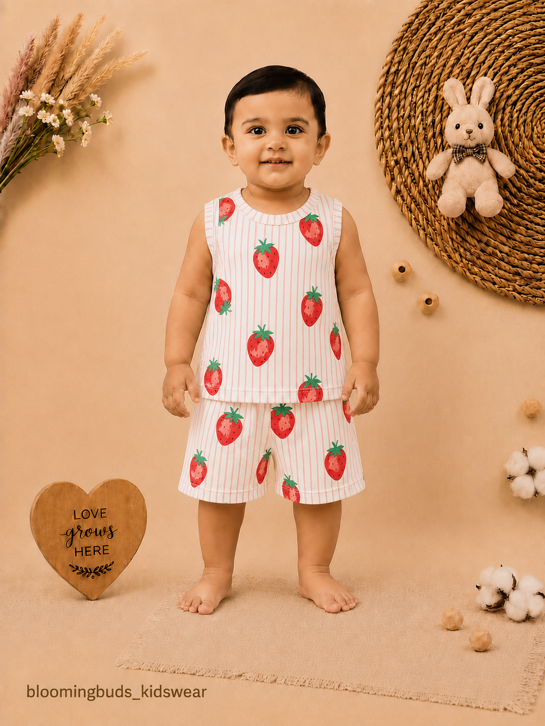 Unisex Strawberry Print Sleeveless Shorts Set