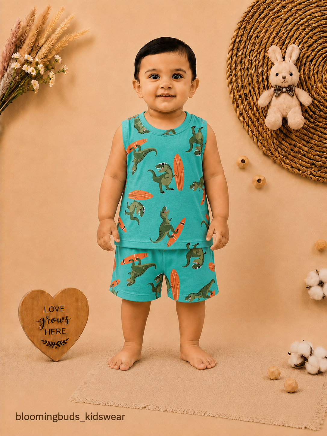 Unisex Surfing Dino Print Sleeveless Shorts Set