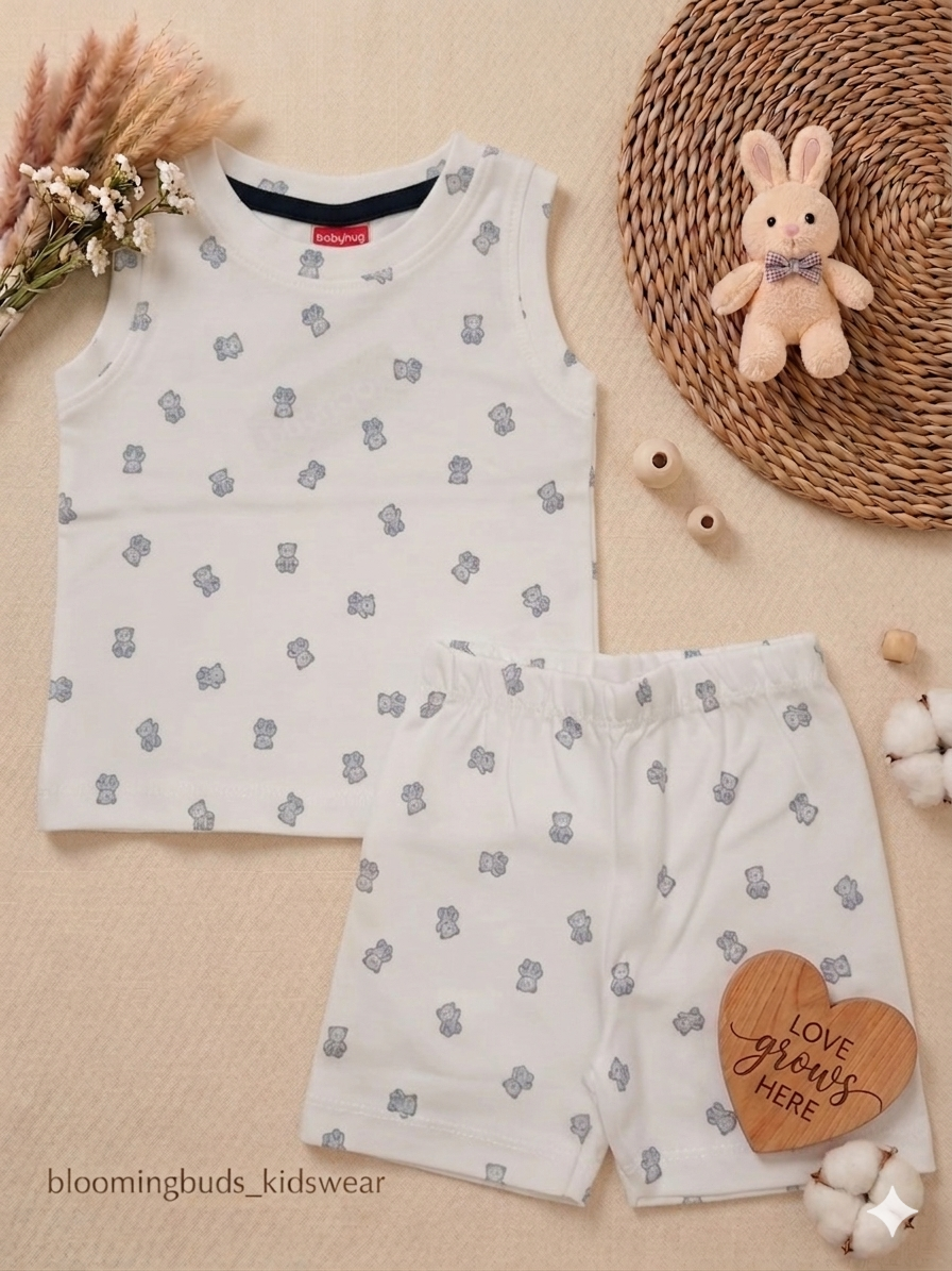 White Tiny Bear Print Unisex Sleeveless Co-ord Shorts Set